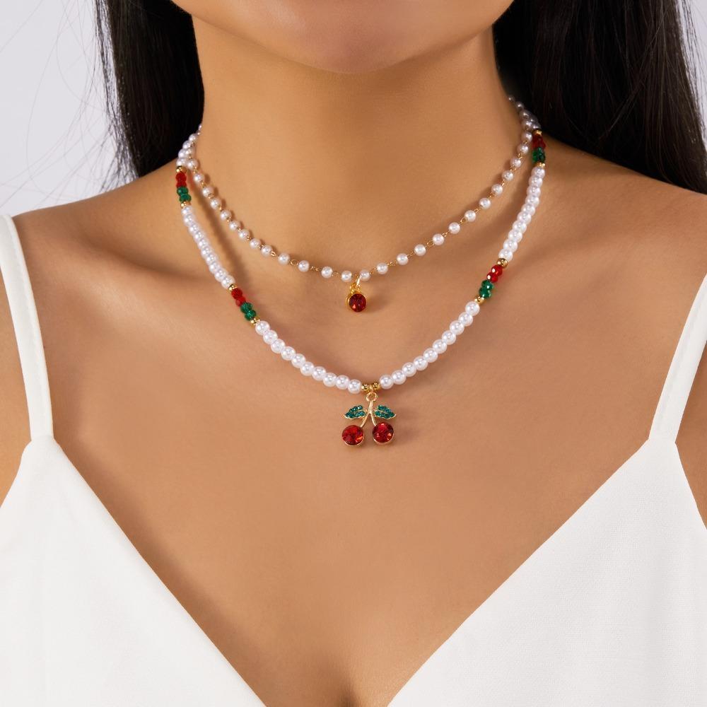 Multi-layer Pearl Beaded Necklace Bow Stacked Clavicle Choker Trendy Strawberry Necklace Women