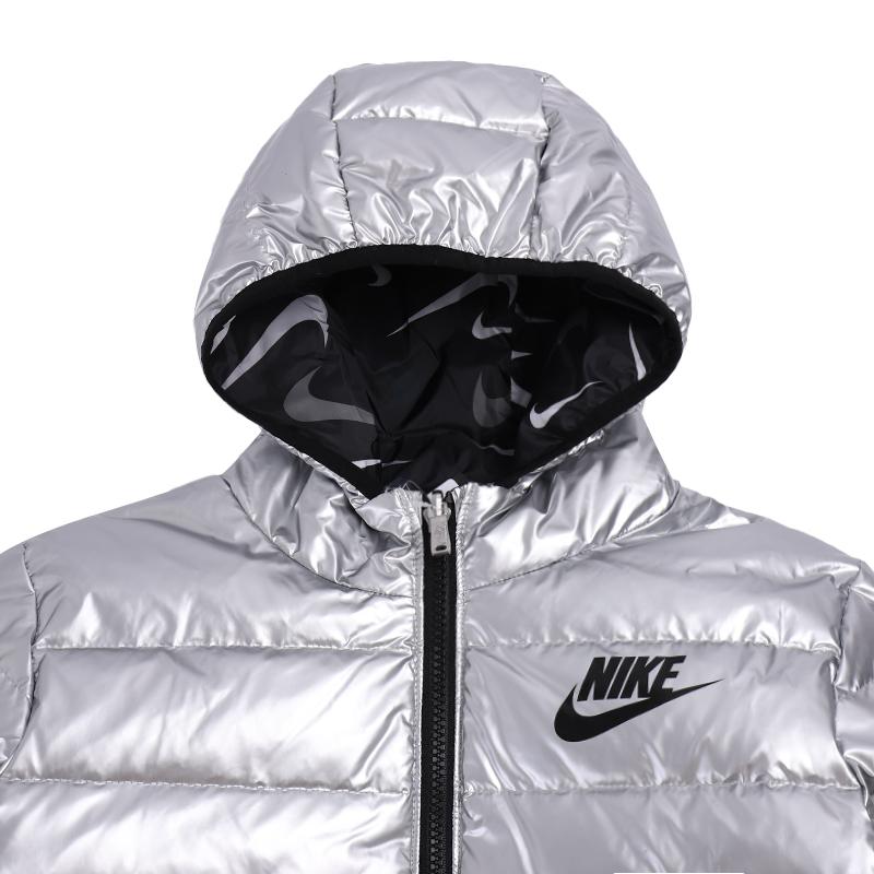 Nike Детская блестящая куртка-пуховик с капюшоном и логотипом на молнии, зимняя детская верхняя одежда, серебристая, NY2142032GS-005