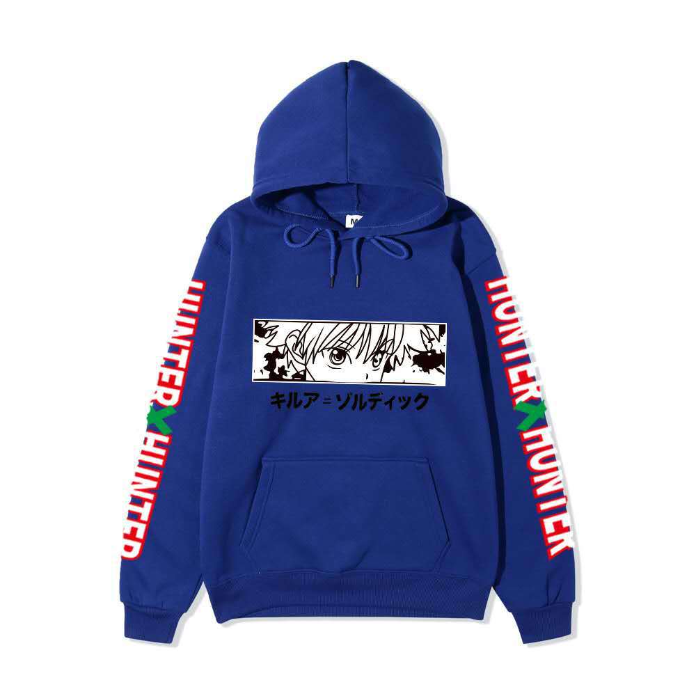 Hunter X Hunter Killua Anime Hoodie Sleeve Letter Print Black Manga Long Sleeve Casual Hooded Pullover Sweatshirt