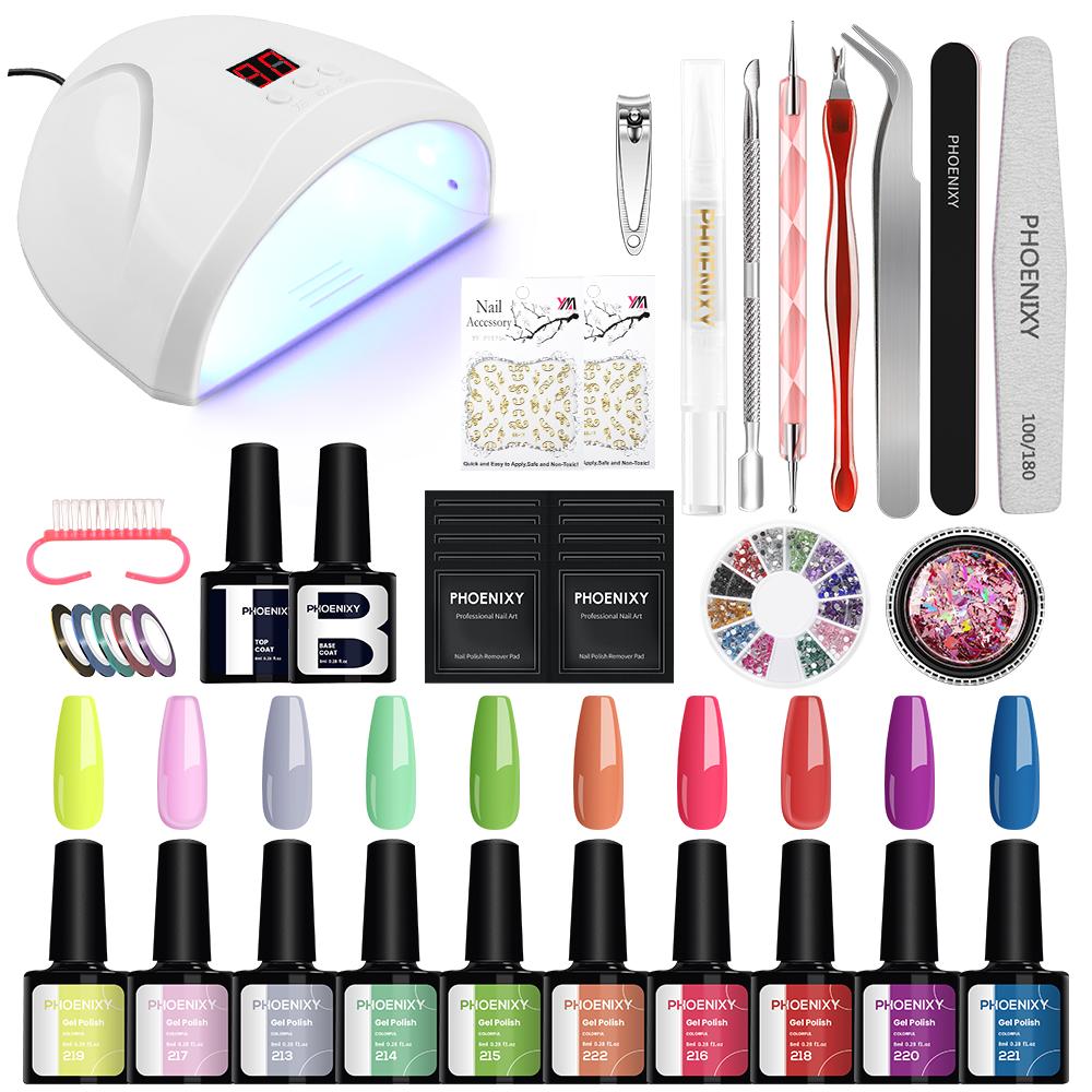 Набор гель-лаков PHOENIXY, 8 мл, набор гибридных лаков чистого цвета с УФ-светодиодной лампой 36 Вт, сушилка для ногтей, набор инструментов для дизайна ногтей, базовое верхнее покрытие, стартовый набор для гель-лаков