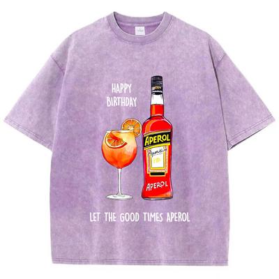 Женские футболки с кислотной стиркой, топы с принтами Aperol Spritz, состаренный круглый вырез, оверсайз, хлопковые футболки, трендовая женская одежда