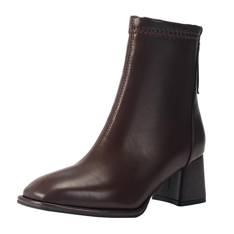 Block Heel Booties Women's New Autumn and Winter Plus Fleece Square Toe French High Heel Skinny Boots