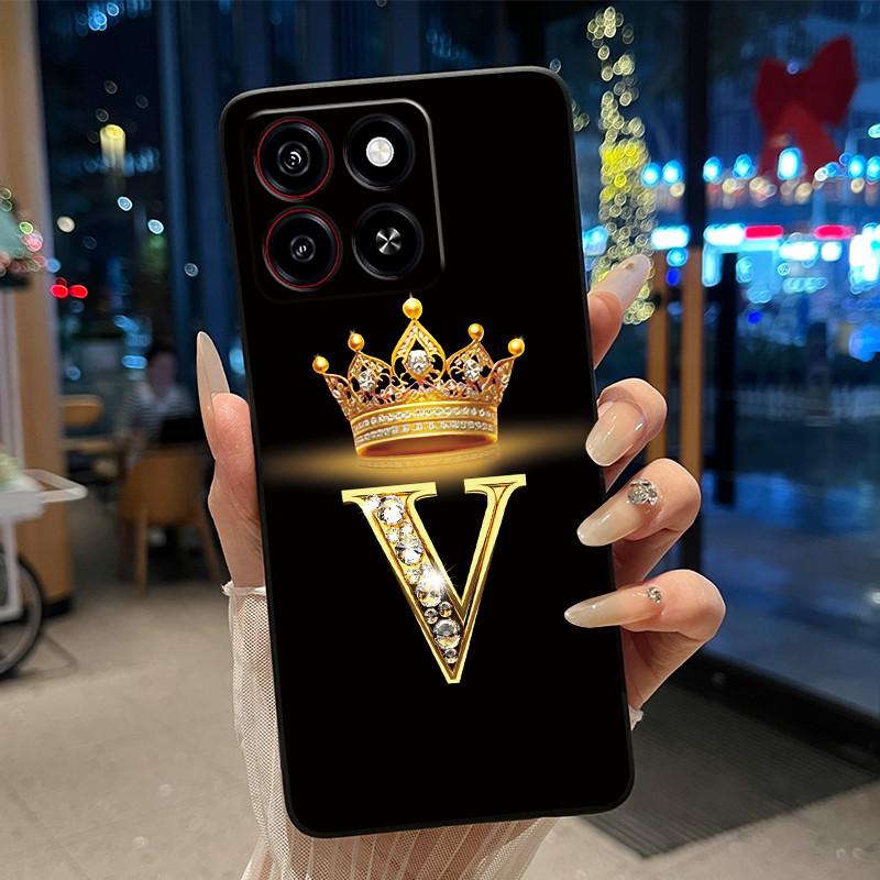 Cool Lucky A-Z Letter Phone Case For ZTE Blade A35/A55 Soft Silicone Black Case Shockproof Luxurious Glitter Crown Shell