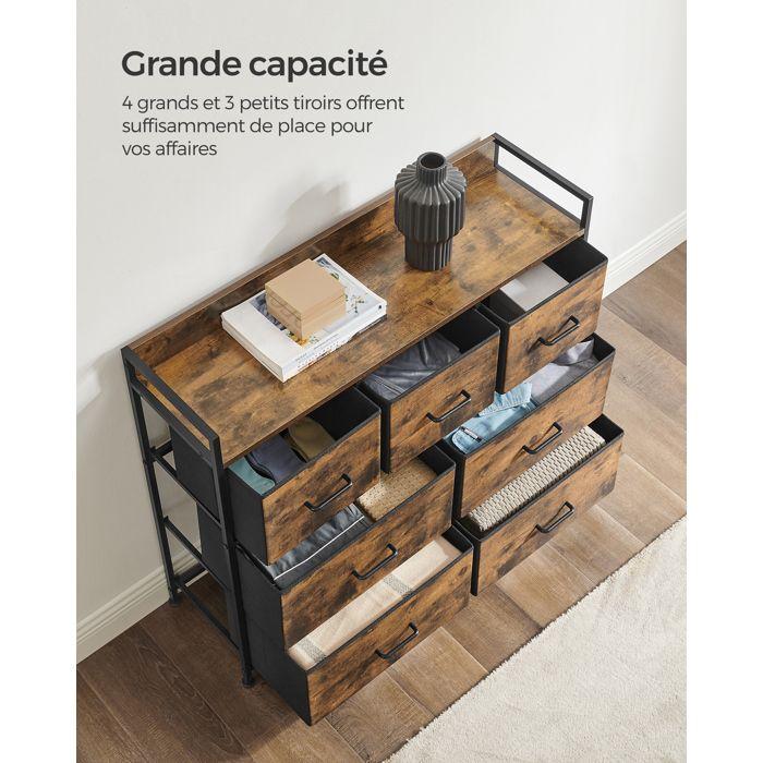SONGMICS Commode, Armoire, Meuble de Rangement, 7 Tiroirs en Tissu avec Poignées, Cadre en Métal, Marron Rustique et Noir d'Encre