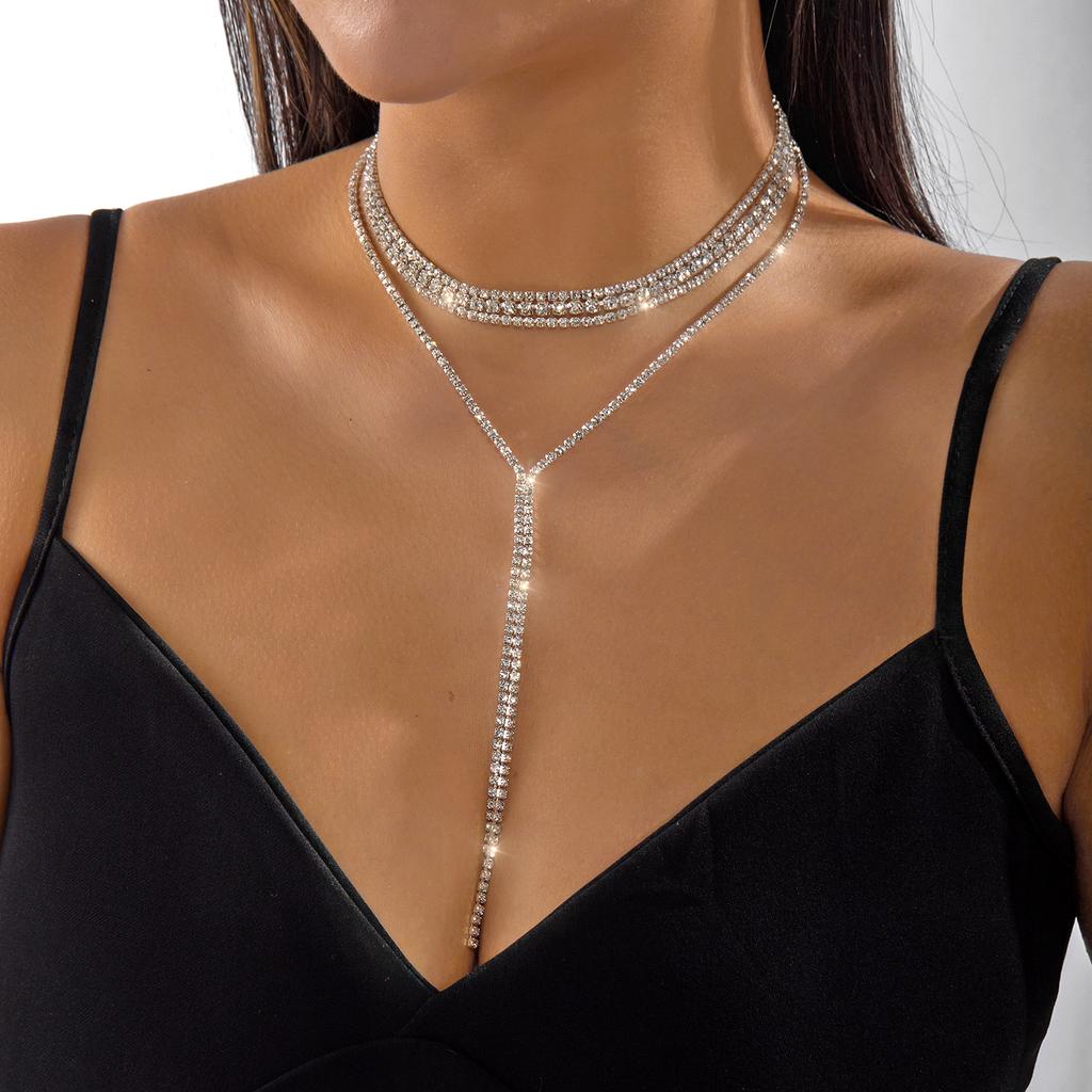 Fashion Full Rhinestone Long Tassel Choker Necklace for Women Multi-layer Y-shaped Collar Wedding Party Jewelry Neck Accessories