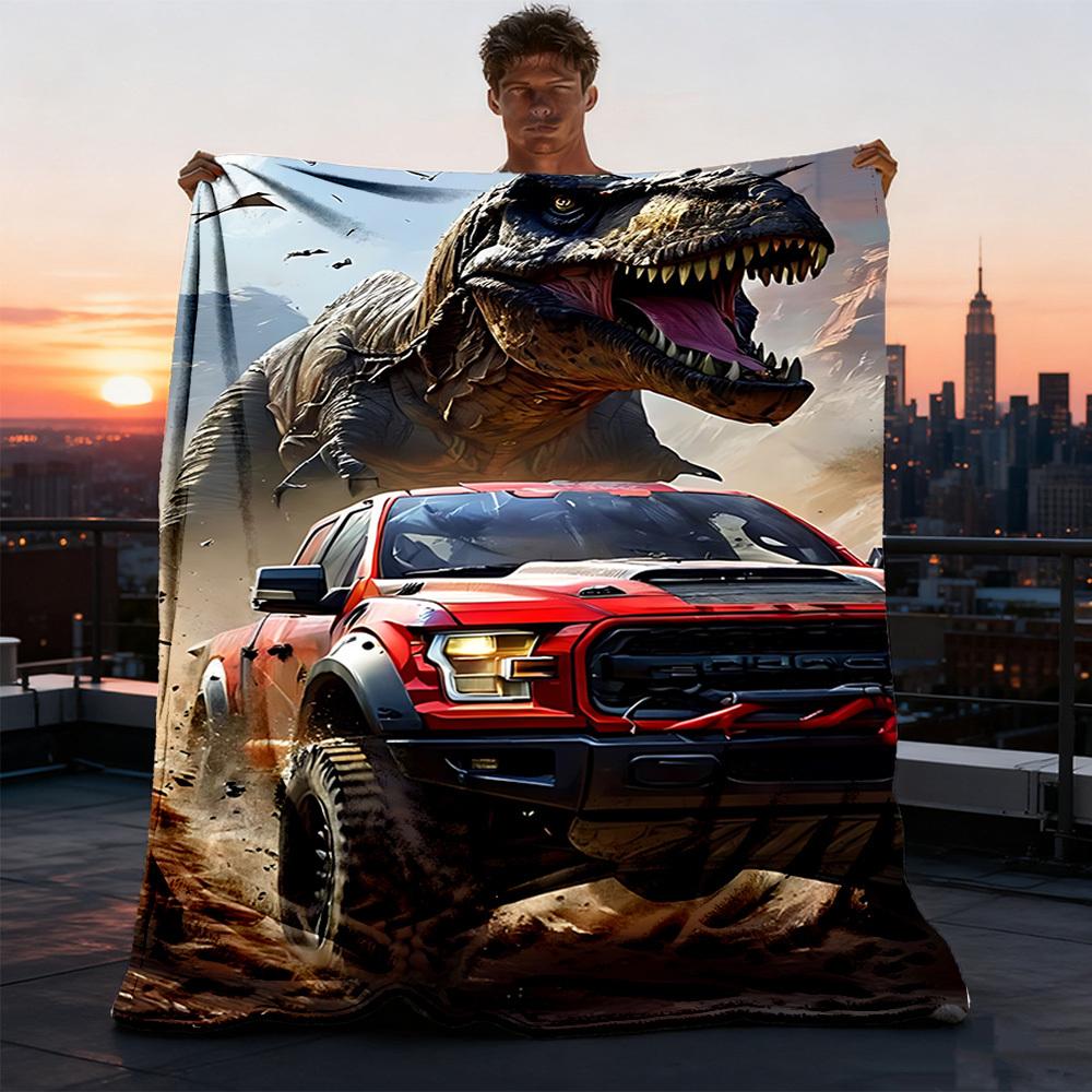 1pc Dinosaur Adventure Outdoor Flannel Blanket , Machine Washable Perfect Gift for Birthday , Holiday Travel Accessory , Durable Material