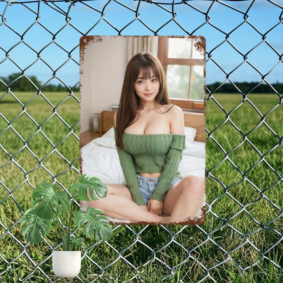 Hisun Tin Sign HD Metal Tin Sign Gorgeous Asian Model in Green OffShoulder Sweater Retro Metal Wall Art for Home Decor x Inch