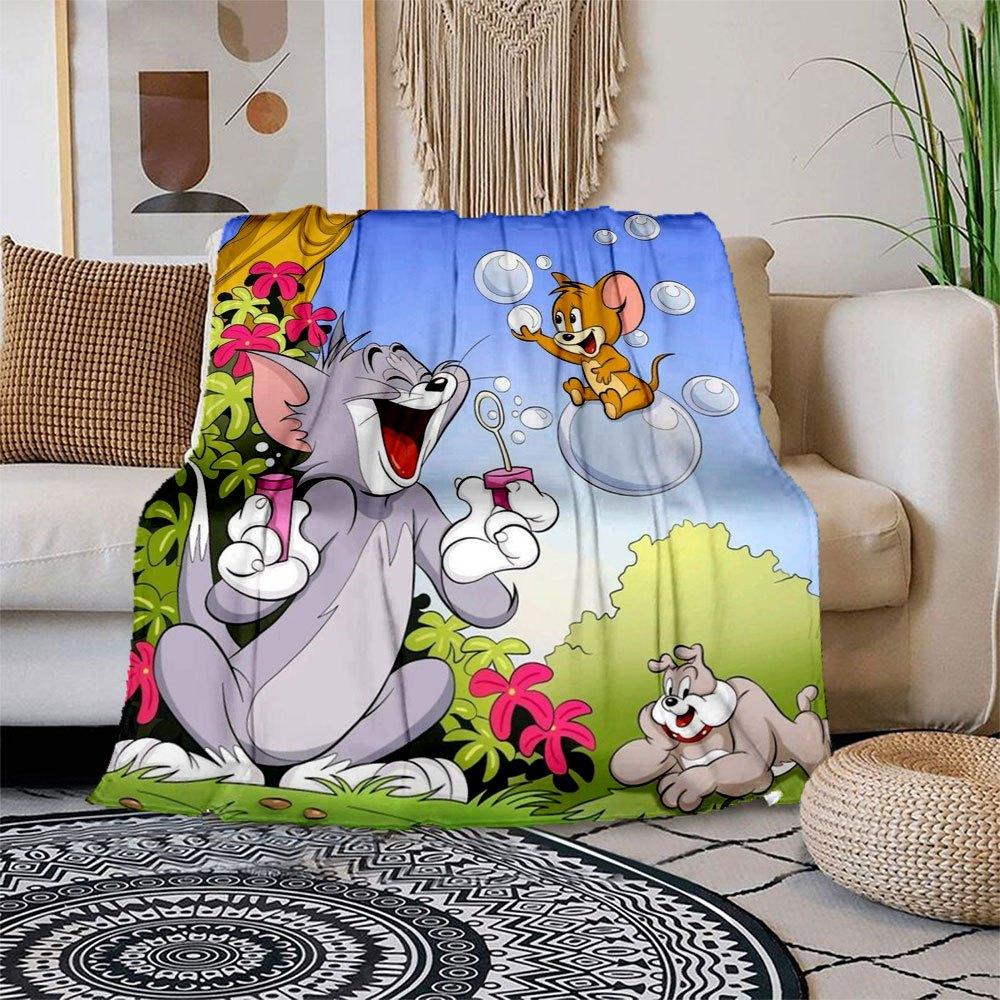 Tom Jerry Soap Bubble Cartoon Print Fabric by The YardBlanket Flannel Throw Blanket for Sofa, Bed, Travel, Camping, Office