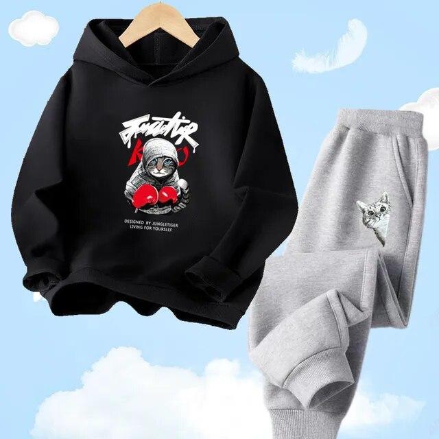 Толстовка с капюшоном + брюки для мальчиков, повседневный спортивный осенне-зимний комплект, детский комплект одежды с принтом кота и мультяшным животным
