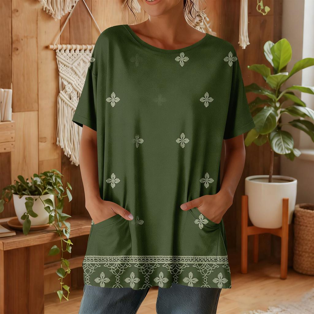 Женская мода повседневный короткий рукав цветочный принт топ