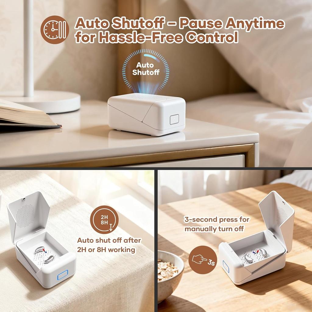 Сушилка для слуховых аппаратов – 40 ℃ Постоянная температура Осушитель с УФ-светодиодом, Режимы автоматической сушки 8 часов – Портативный сушильный бокс для слуховых аппаратов