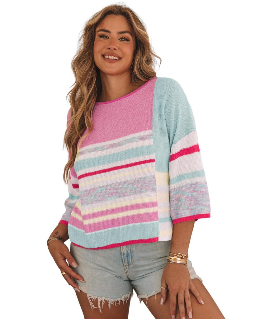 Azura Exchange Striped Three-Quarter Sleeve Knitted Top