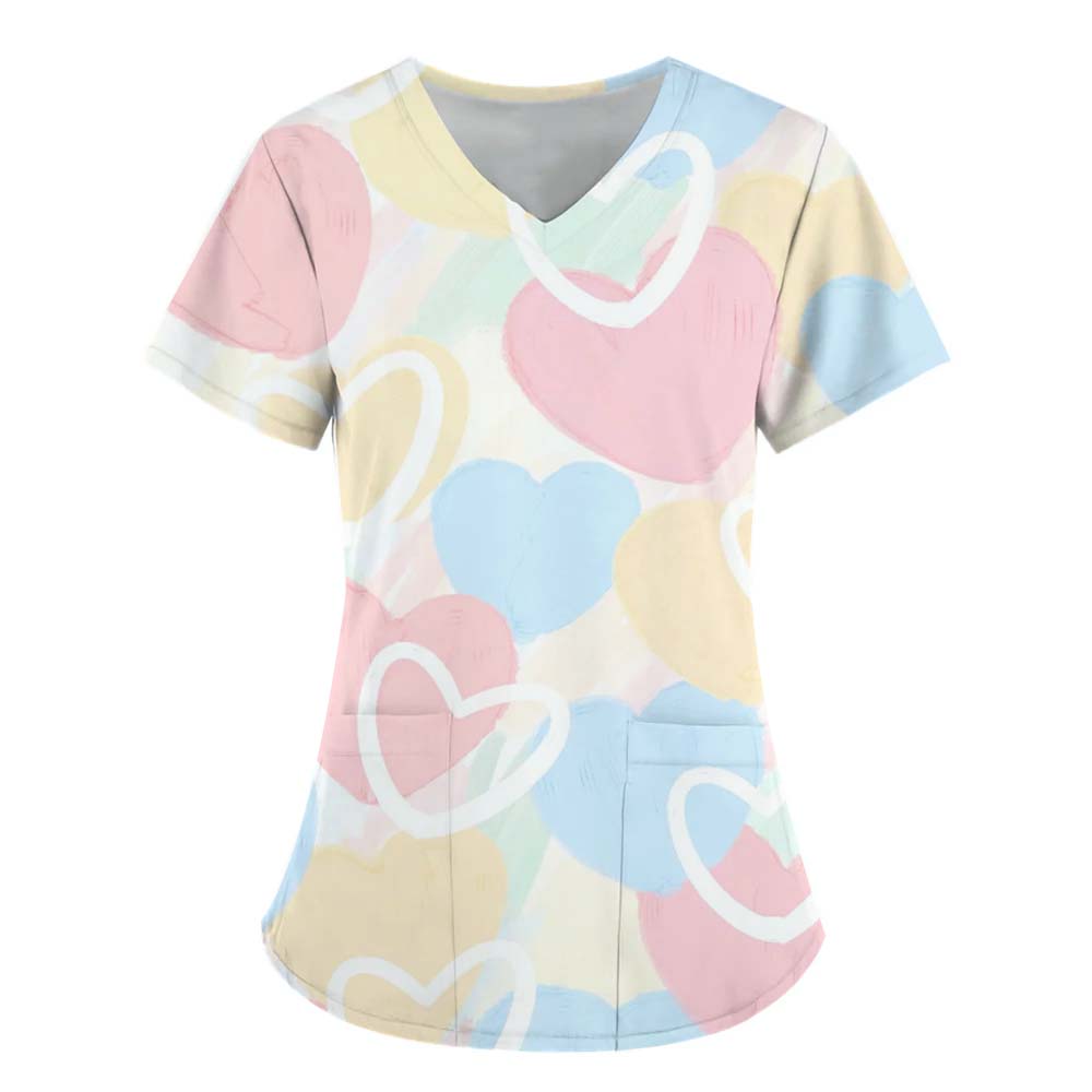 Women Working Uniform Smile Heart Print Cartoon Cat Dog Short Sleeve V-neck Tops Femme Blouse Nurse Work Wear Medical Uniforms
