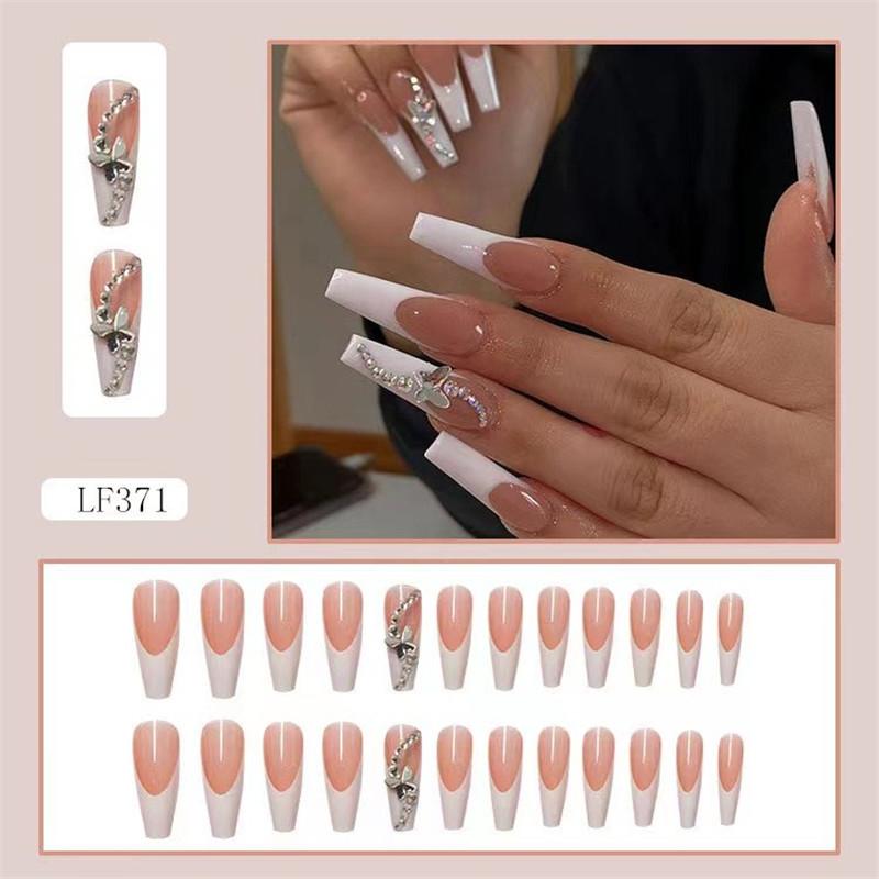 24PCS/SET Quick Nails Flower Diamond Manicure Long Ballet False Nails Waterproof Wearable Ready-made Nail Stickers