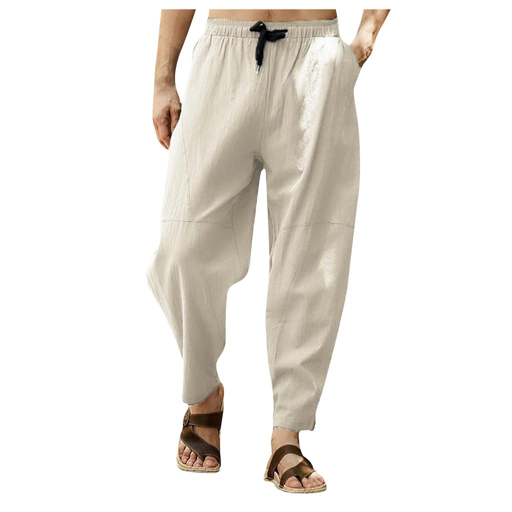 Мужские повседневные свободные и удобные повседневные брюки, хлопковые льняные брюки на шнуровке