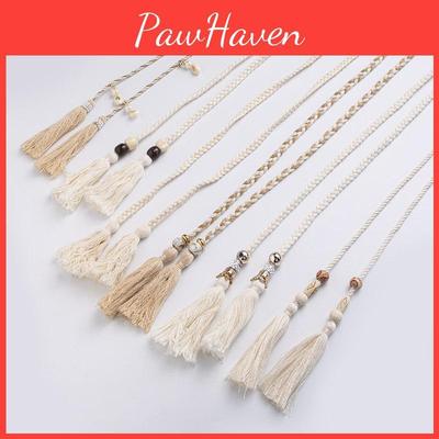 Этнический стиль Хлопково-льняной пояс с деревянными бусинами и кисточками для повседневной носки