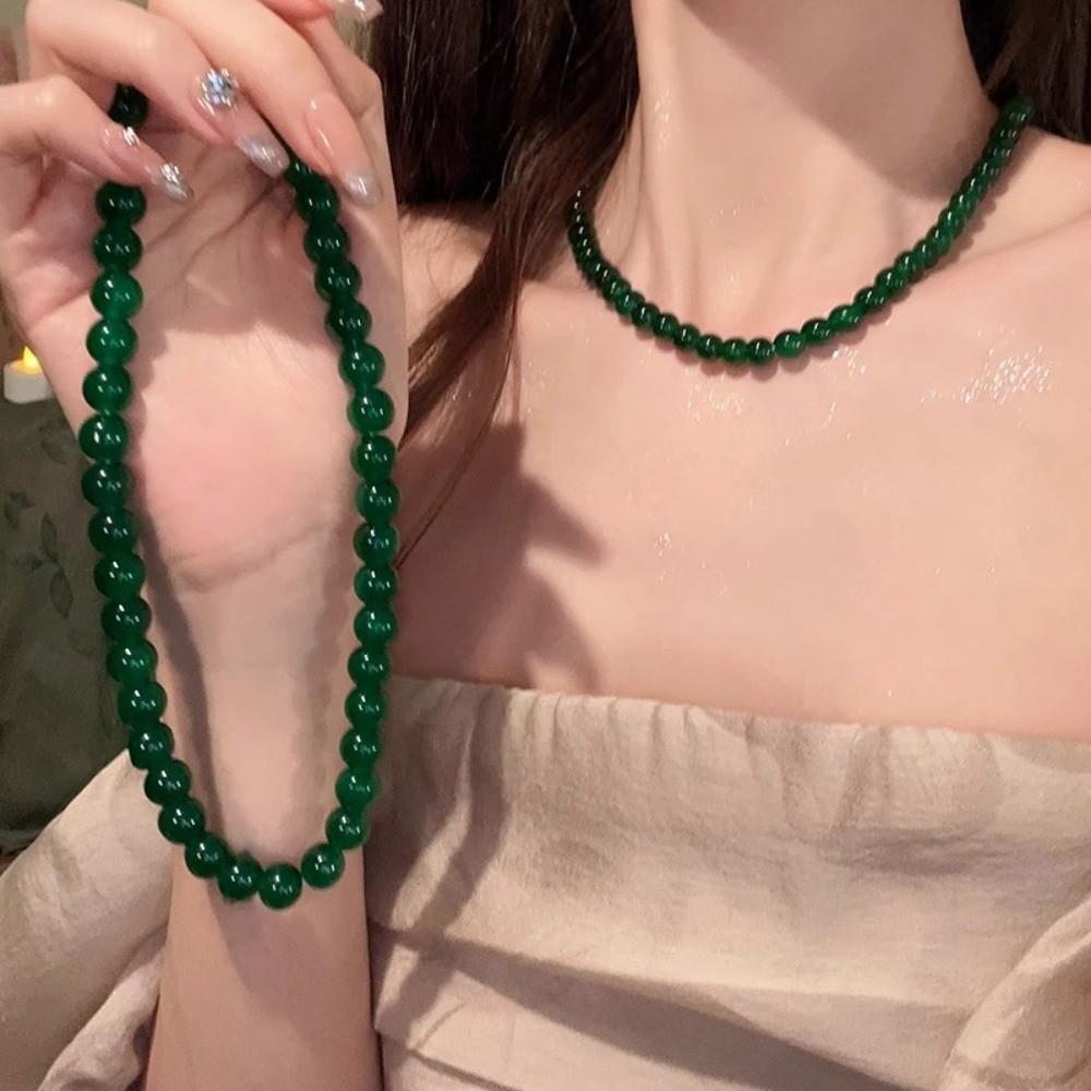 Round Green Beads Necklace 4 6 8 10mm Collarbone Chain New Choker Necklace Gifts