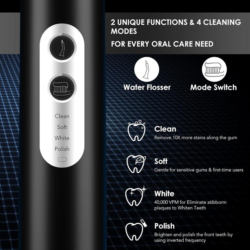 Electric Toothbrush with Water Flosser Combo, 3 in 1 Ultrasonic Toothbrush & Dental Oral Irrigator & Tooth Cleaner with 4 Modes, One Switch from