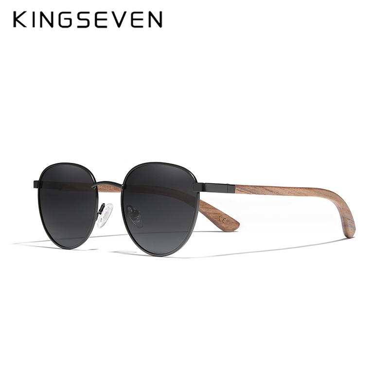 Kingseven 2022 New Handmade Walnut Wood Round Sunglasses Men Women Polarized Mirror Sun Glasses Male Steampunk Shades Oculos