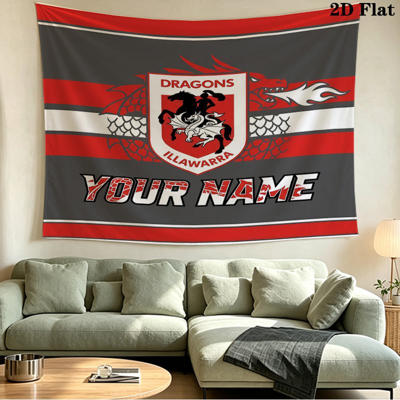 Custom Name St George Illawarra Dragons Printed Tapestry – Wall Hanging for Bedrooms, Dorms, and Home Decor