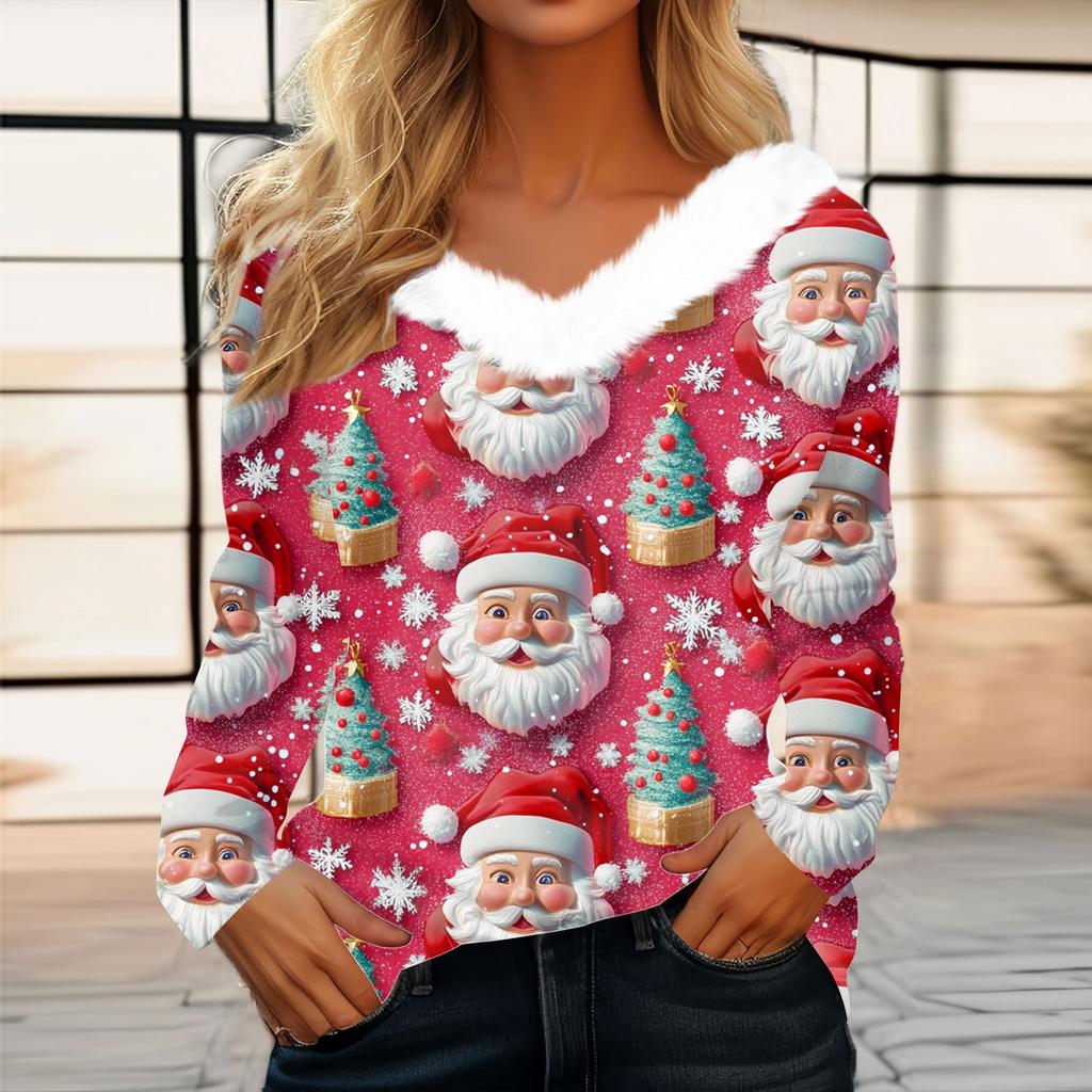 Женский длинный рукав рождественский принт вечеринка плюшевый воротник широкий повседневный V-образный вырез топ