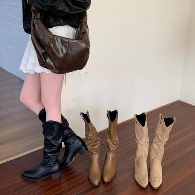 2025 Осень/Зима V-образный вырез Массивный каблук Гофрированные Сапоги до колена в стиле вестерн/ковбойские