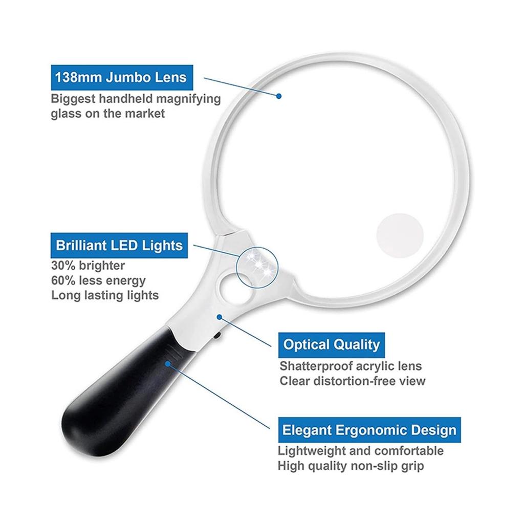 Large Reading Magnifier with 3 LED Lights 2X 4X 25X Handheld Magnifying Glass Illuminated Lupa 137mm Loupe Lens for Seniors