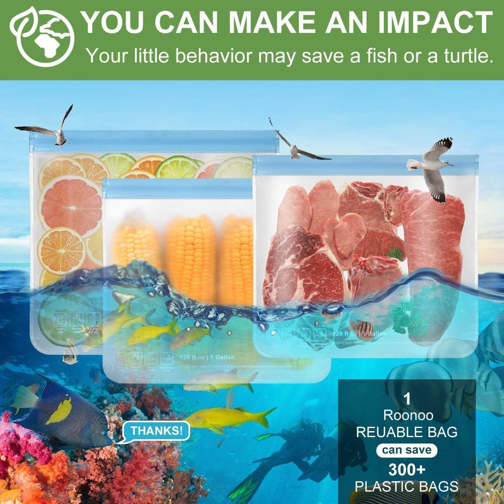 6 Pack Dishwasher Safe Reble Gallon Freezer Bags Food Storage Bags, Extra Thick Leakproof Silicone & Plastic Free Ziplock Bags for Meal Prep, Fruits,
