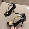 High Quality Gold Metal Flowers Designer Sandal Women Sexy Square Toe Buckle Strap Gladiator Heels Ladies Party Prom Shoes