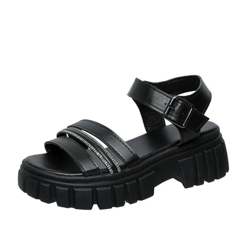 Модная обувь для женщин 2024 года, высококачественные женские сандалии с ремешком на щиколотке, летние с открытым носком и пряжкой, однотонные повседневные сандалии на платформе больших размеров