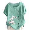 Women's Cotton Linen Round Neck Short Sleeve With Button Tops Printed T-shirt