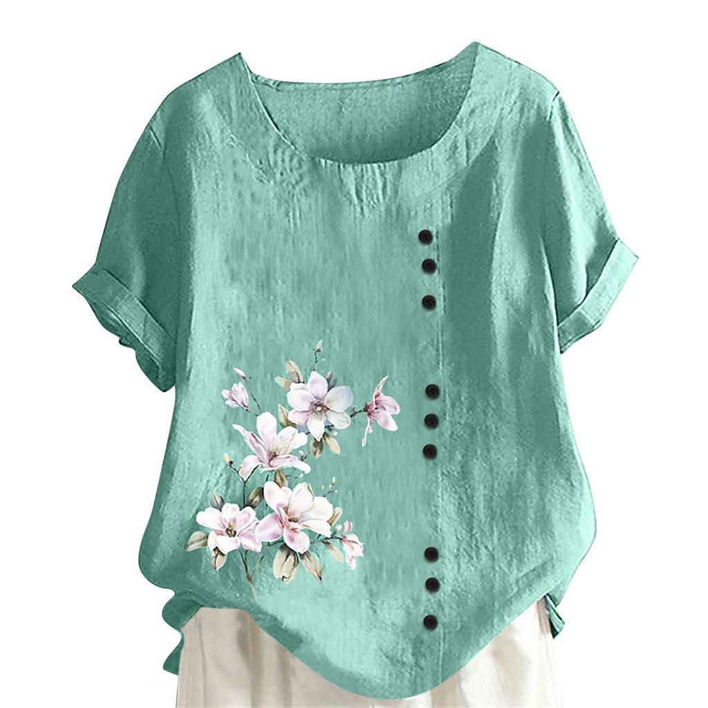 Women's Cotton Linen Round Neck Short Sleeve With Button Tops Printed T-shirt