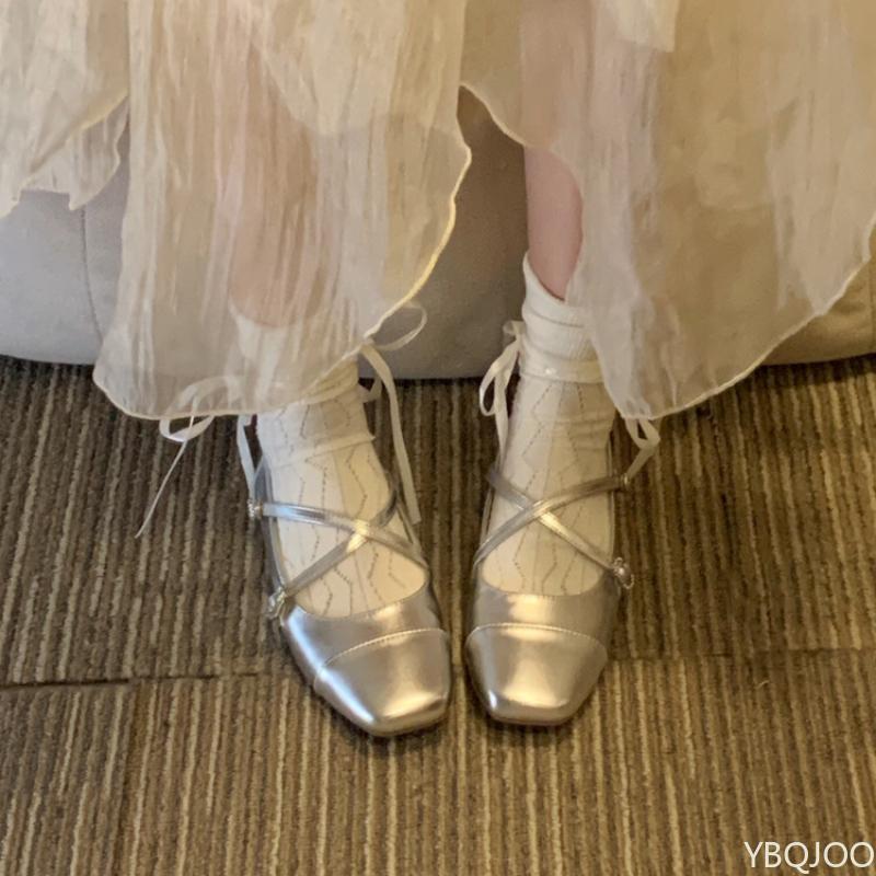 Модные Серебряные кожаные балетные туфли Женские французские туфли Мэри Джейн Модные туфли на низком каблуке с квадратным носком Ремешок-крест новые Женские туфли на высоком каблуке