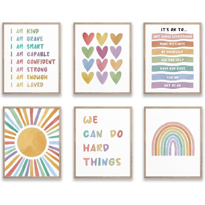TwoDays Positive Affirmations Room Decor for Kids, Boho Classroom pirational Wall Art for Toddler Girls Playroom, I Am Kind Brave Posters for Baby