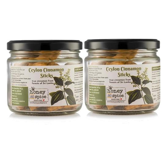 Honey and Spice Organic Srilankan Ceylon Cinnamon Sticks (Dalchini) Flavourful for Cooking, Seasoning, Baking, 100% Natural - 50 Gms, Pack of 2