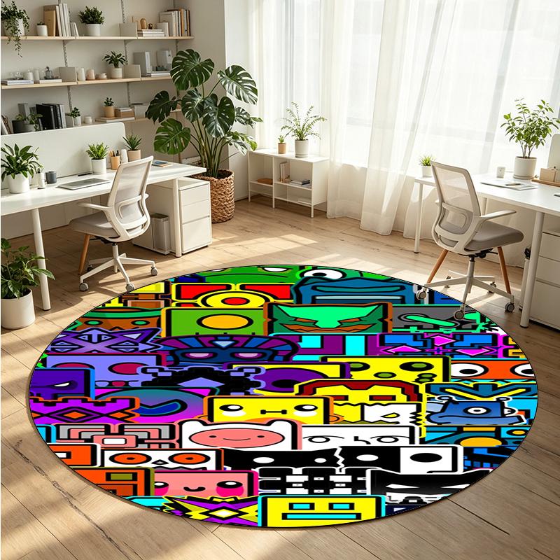 Geometry Dash Printed Round Crystal Velvet Rug Soft Non Slip Floor Carpet For Bedroom Holiday Gift