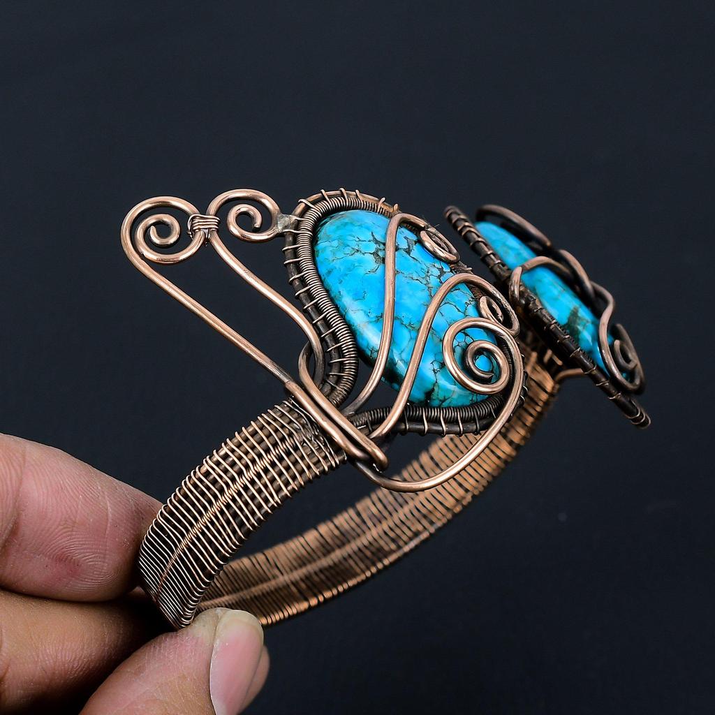 Charming Turquoise Gemstone Pure Copper Wire Wrapped Handmade Cuff/ Bangle Jewelry Adjustable