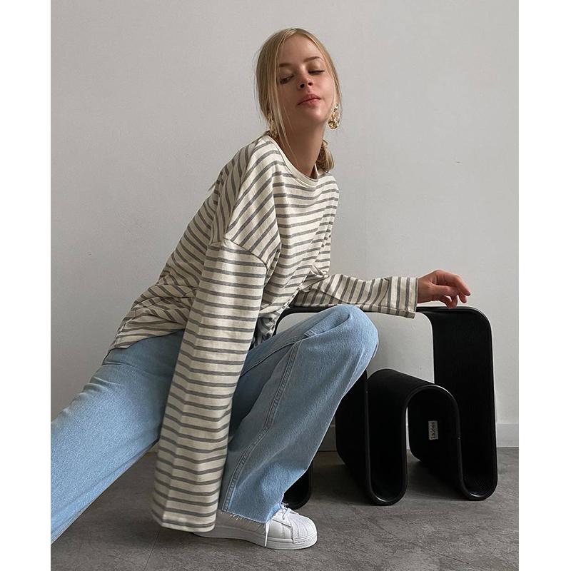 Женская полосатая футболка Hirsionsan с длинными рукавами, весна-лето 2023, большие футболки из 100% хлопка, женские повседневные шикарные футболки, топы для девочек