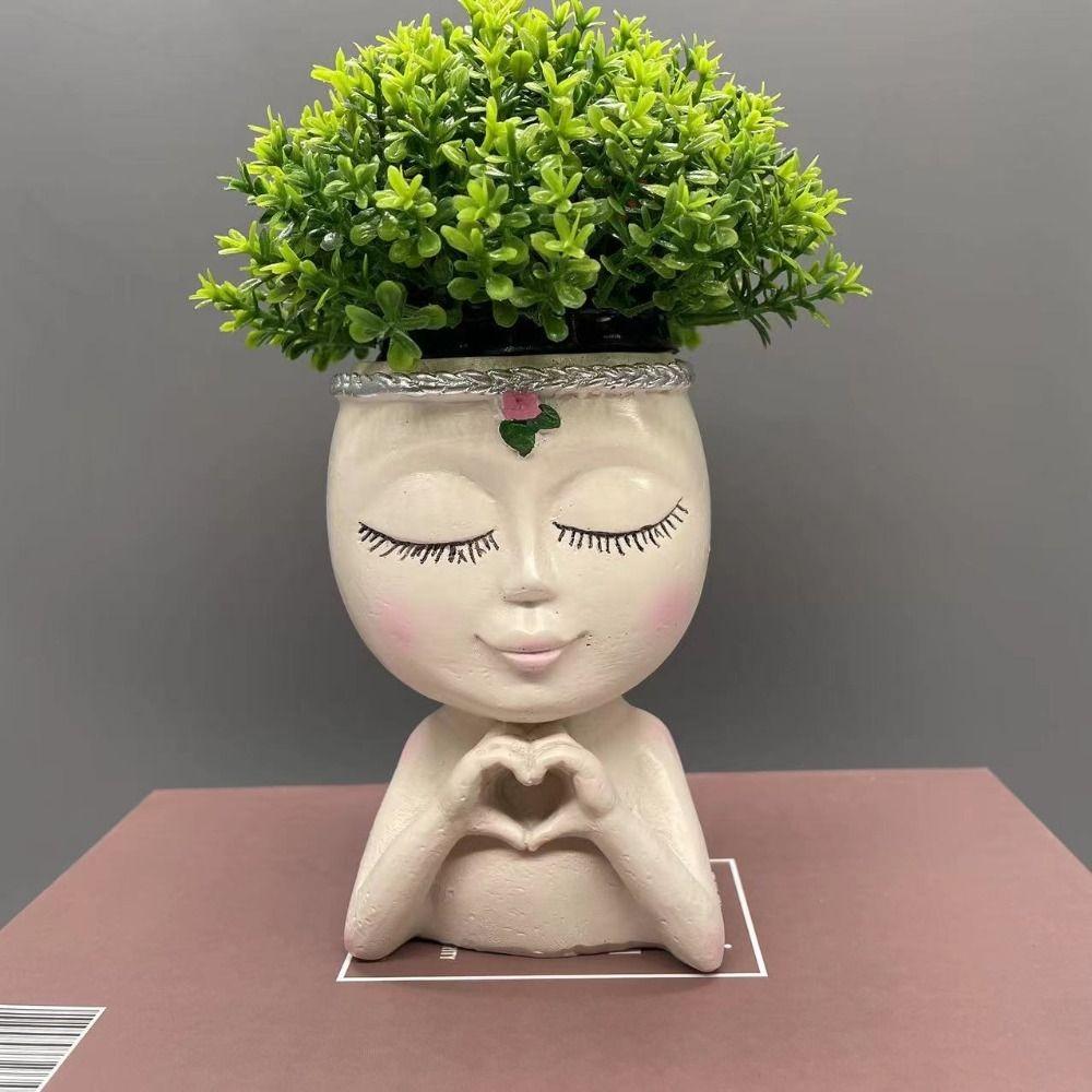 Creative Resin Face Flower Pot with Drainage Hole Loving Little Girl Succulent Planter Gift Cute Desktop Storage Garden Supplies