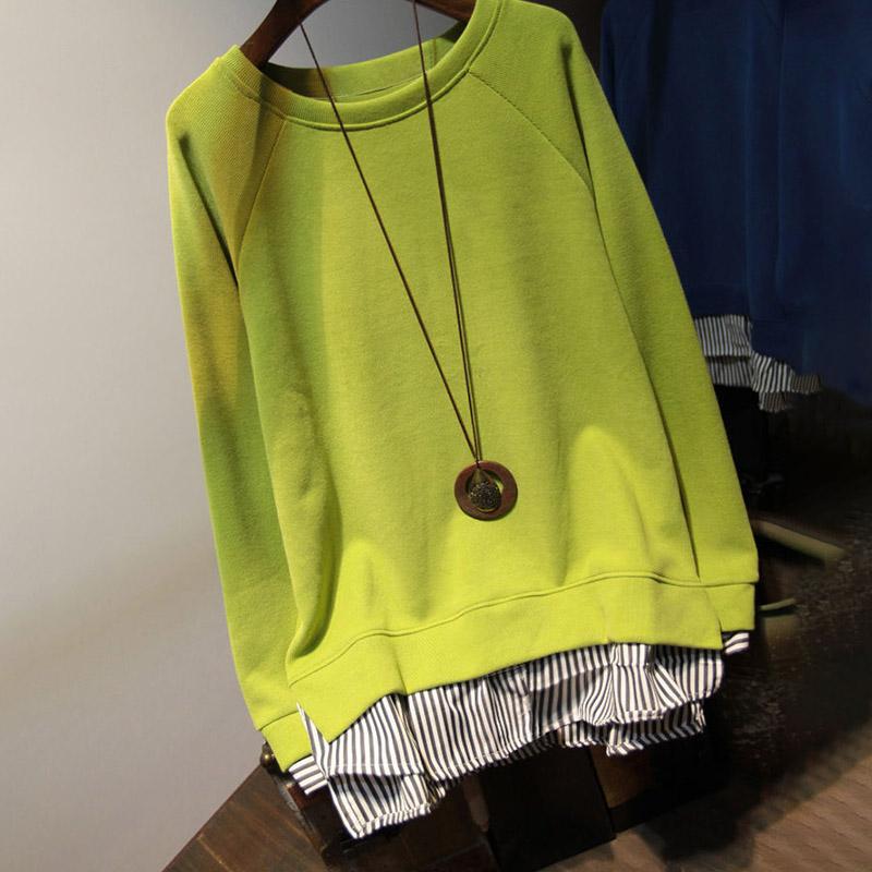 Свободный свитшот, женский осенний искусственный комплект из двух частей в полоску, сотни повседневных топов средней длины с круглым вырезом