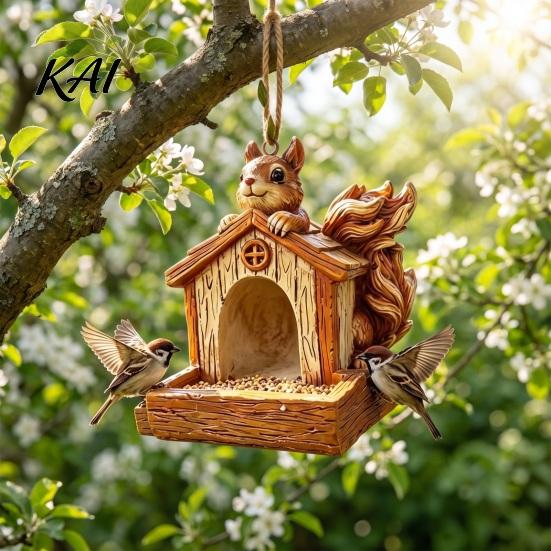 Weather Resistant Bird House Resin Squirrel Feeder, Outdoor Hanging Patio Feeder Garden Wild for Backyard Decoration Watching Station