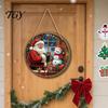 Farmhouse Style Festive Entryway Decor Santa Wooden Round Wall Decor, Vintage Christmas Hanging Ornaments, Seasonal Home Decorations Sign