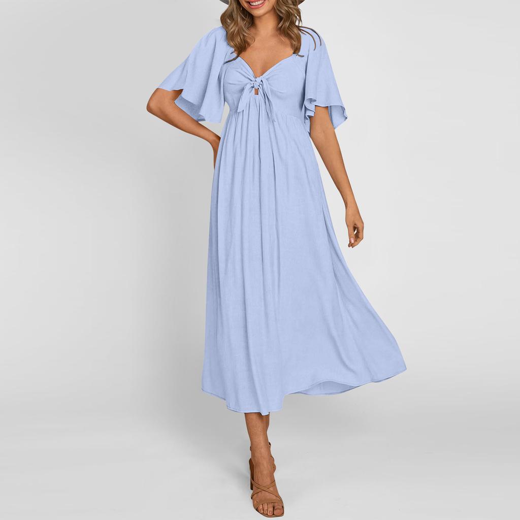 Женские повседневные платья, струящееся платье миди с короткими рукавами и завязкой с V-образным вырезом. Женское летнее платье макси с короткими рукавами и V-образным вырезом.