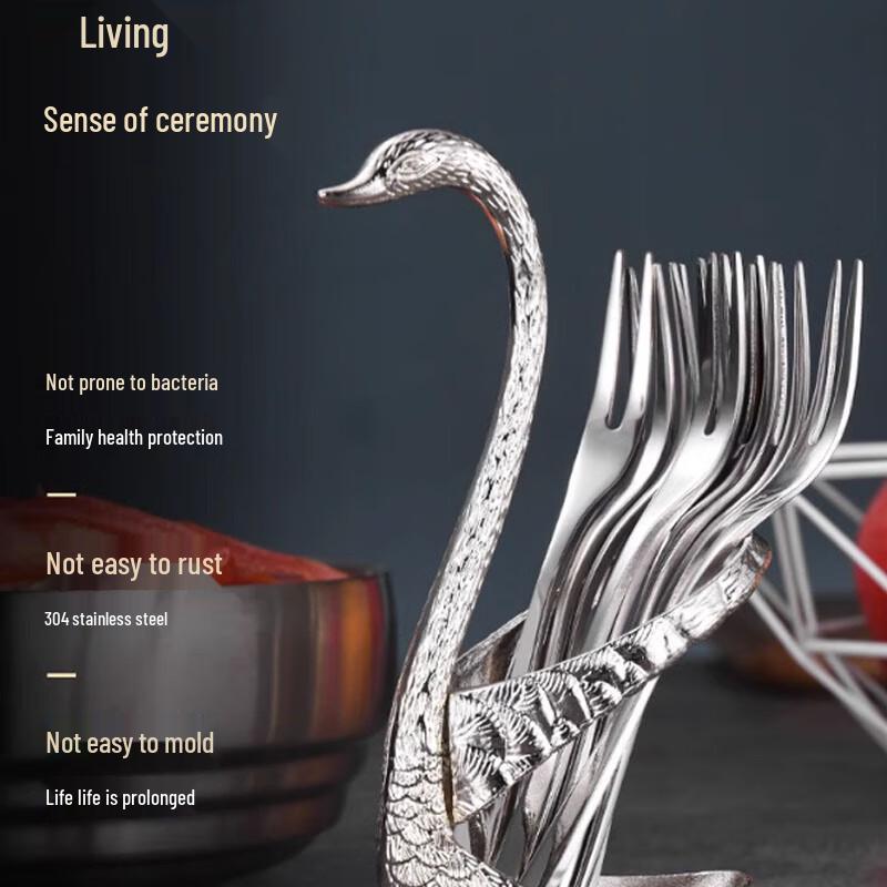 Luxury Stainless Steel Swan Holder Fruit Fork & Coffee Spoon Set
