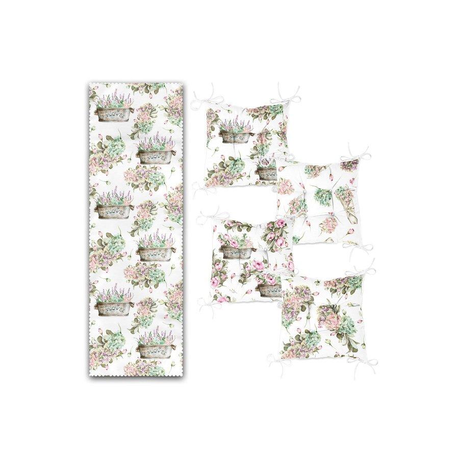 Набор подушек для стула с цветочным узором, цифровая печать / 4 квадратных подушки для стула 40 × 40 см и 1 дорожка