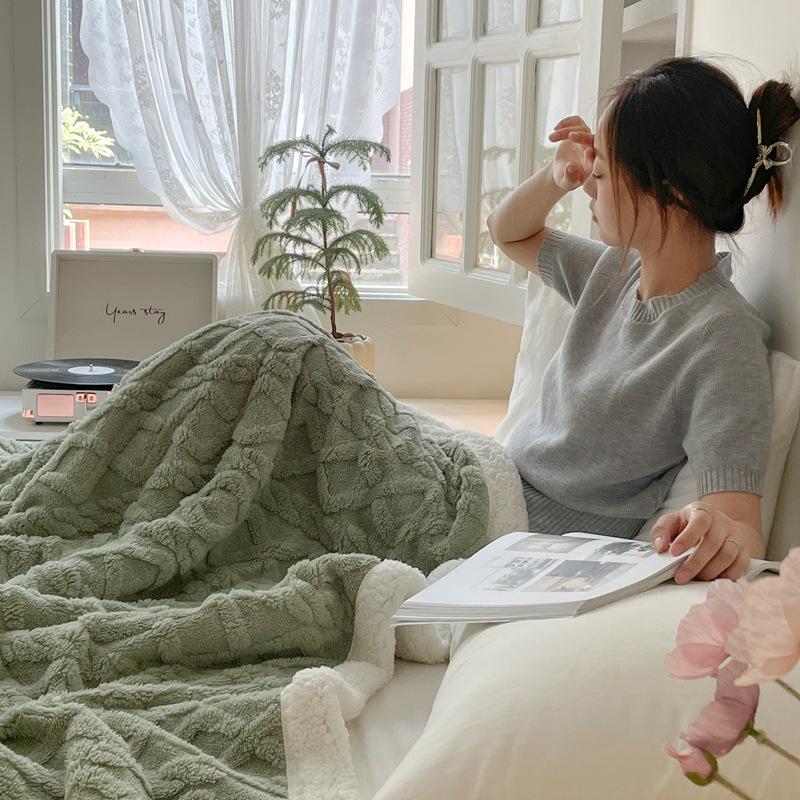 Толстое Теплое Одеяло из Тафты и Овечьей Шерсти, Однотонное, Простой Жаккардовый Дизайн, Многофункциональное Одеяло для Сна