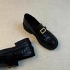 Sheepskin Version~ Thick-soled Metal Buckle Women's Leather Round Head Simple One-pedal Medium Heel Small Leather Shoes