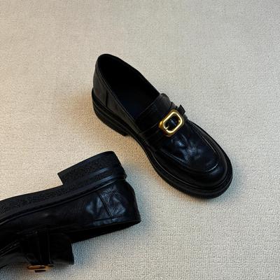 Овечья кожа версия~ женские кожаные туфли на толстой подошве с металлической пряжкой, с круглым носком, простые, на среднем каблуке, маленькие