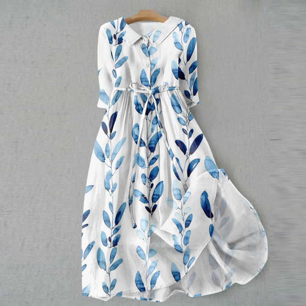 Women's Fashion Vintage Floral Print Lapel Button Three Quarter Sleeves Strappy Dress