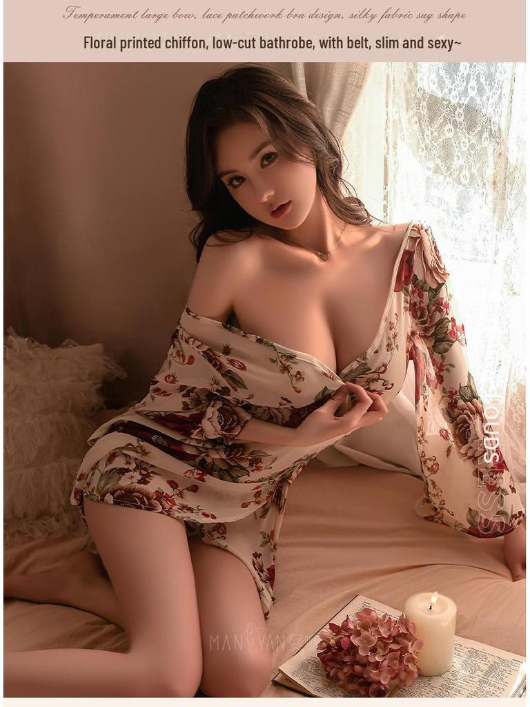 Manyan Sexy Lingerie: Deep V Silky Kimono & See-Through Floral Nightdress Set